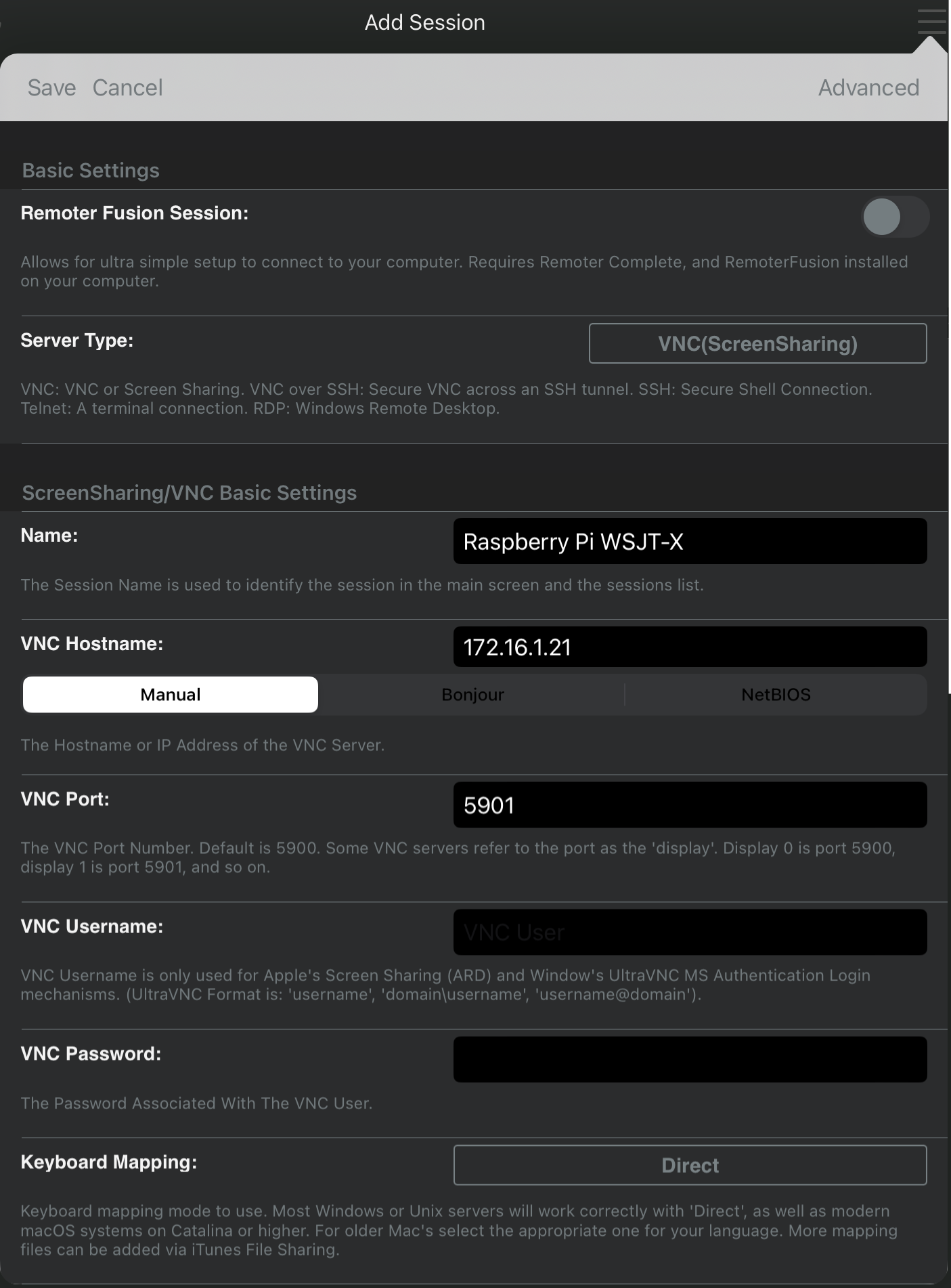 Remoter VNC add-session dialog